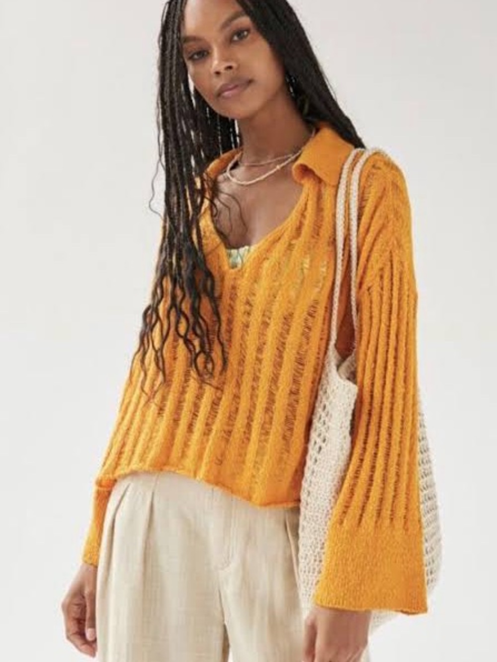 BDG Urban Outfitters Everett Open Knit Cotton Polo Sweater | Mustard | Large